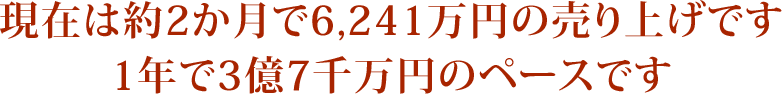 現在は約2か月で6,241万円の売り上げです 1年で3億7千万円のペースです